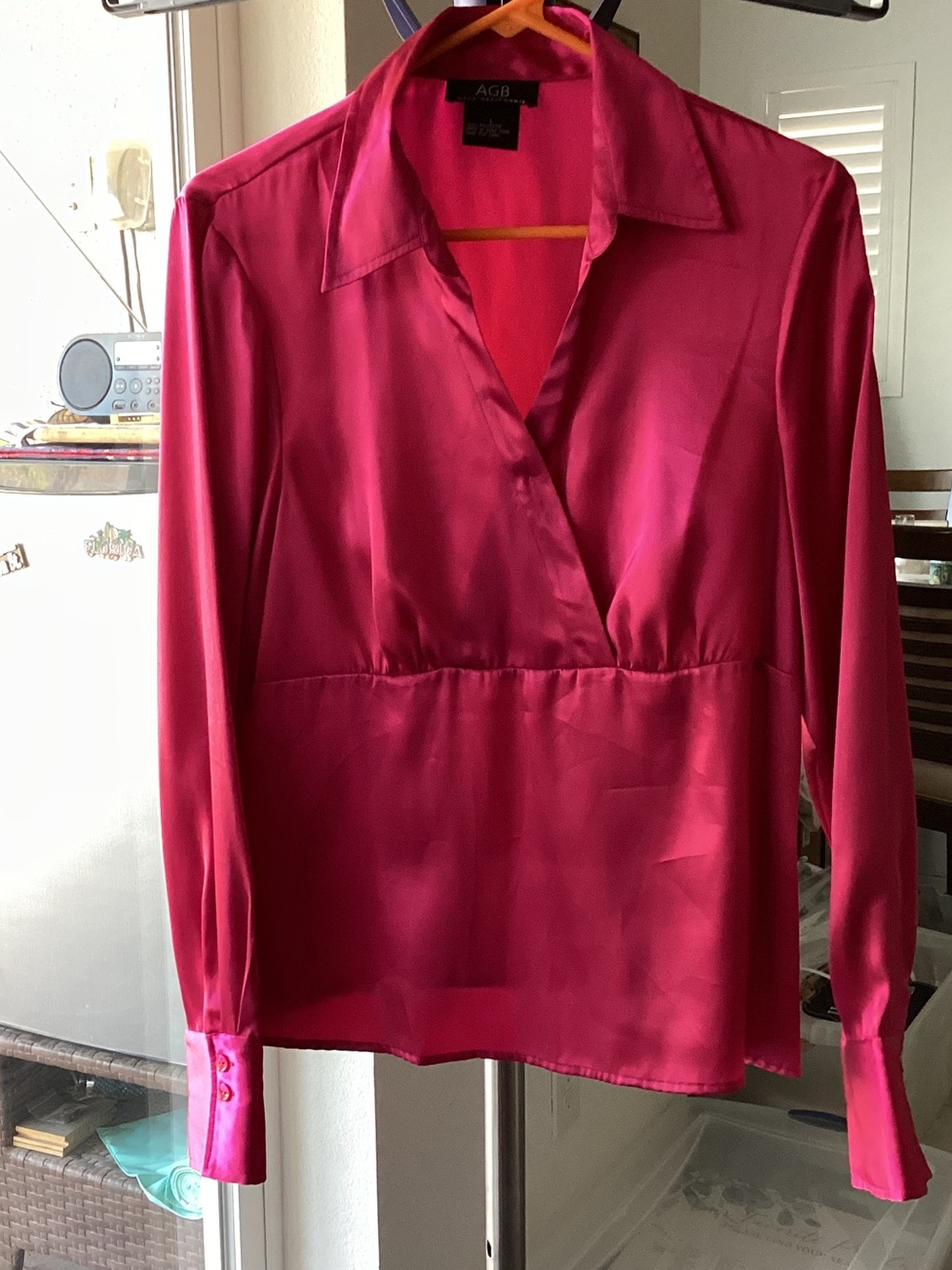 AGB Women's Hot Pink Satin Surplice Blouse